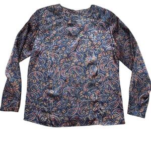 Michelle Stuart Blue Satin Paisley Print Long Sleeve Oversized Blouse Size S
